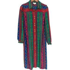 Vintage 80s Lady Carol of NY Colorful Striped Long Sleeve Shirt Dress Size 12